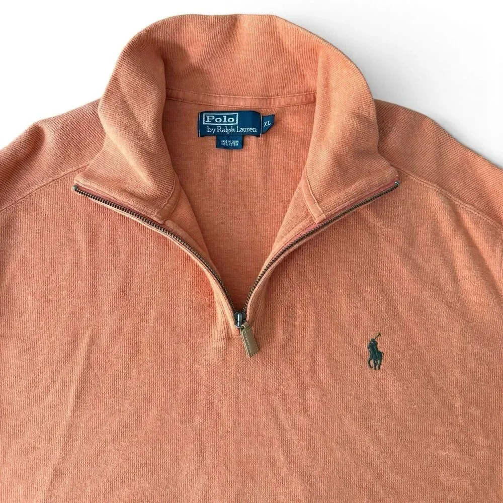 Polo Ralph Lauren 1/4 Zip Sweater Men XL Orange Mock Neck Knit Pullover Pony